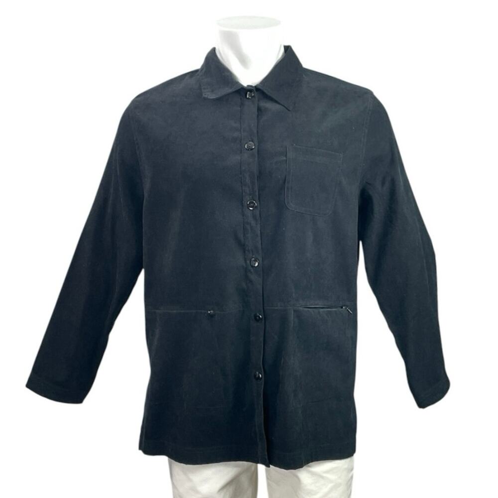Solutions Men's Black Velour Collared Long Sleeve Button Up Shirt Coat Jacket L